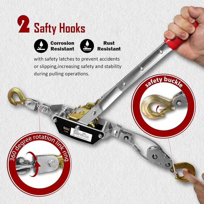 FITHOIST Come Along Winch 2T,Pulling Capacity 12 FT Steel Cable 2 Hooks,Heavy Duty Come Along Tool with Dual Gears,Heavy Duty Hoist Cable Puller for Vehicle Rescue - Image 3